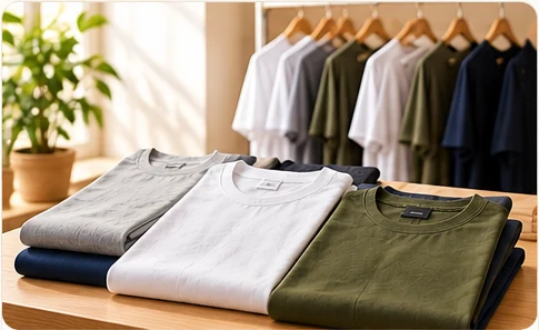 T-shirts and casual tops arranged in a warm studio